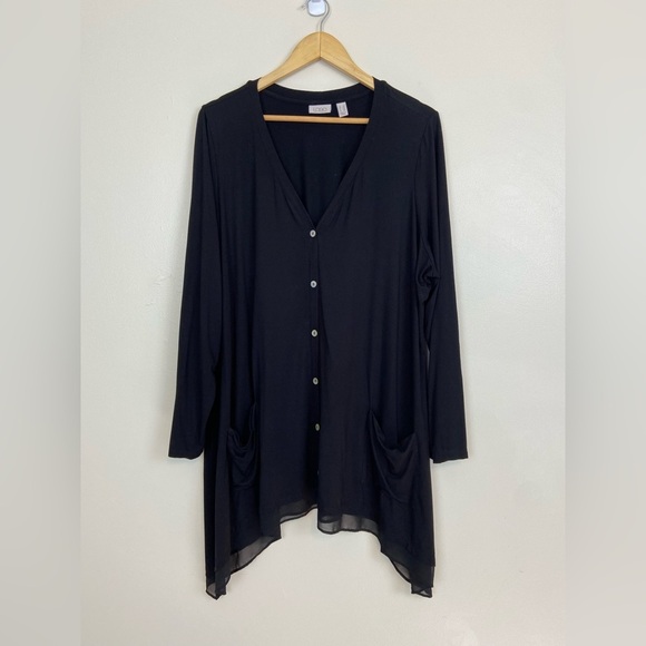 LOGO Lori Goldstein Black Button-Front Tunic Top 2X Asymmetrical Hem Pockets - Picture 1 of 5